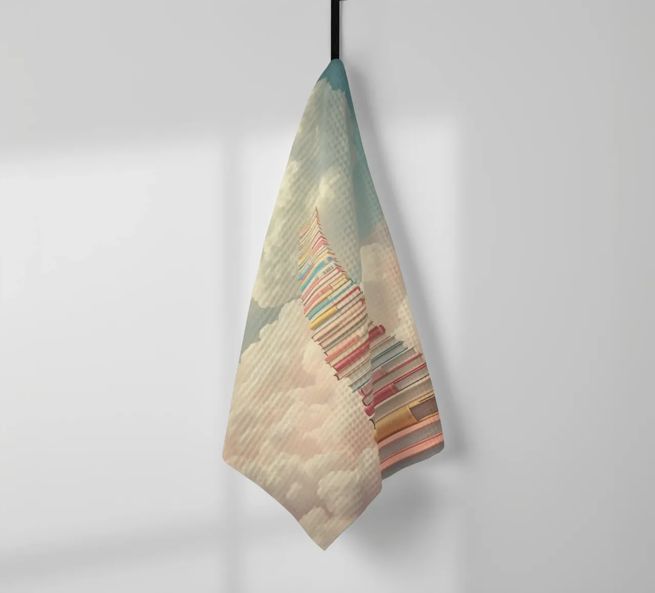Books create a surreal staircase leading to the clouds tea towel by DesignDoodle