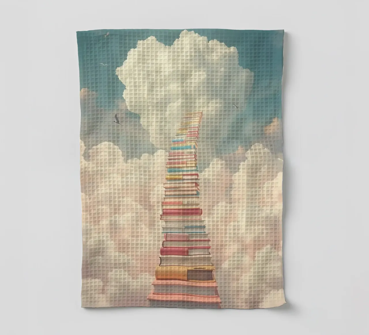 Books create a surreal staircase leading to the clouds tea towel by DesignDoodle