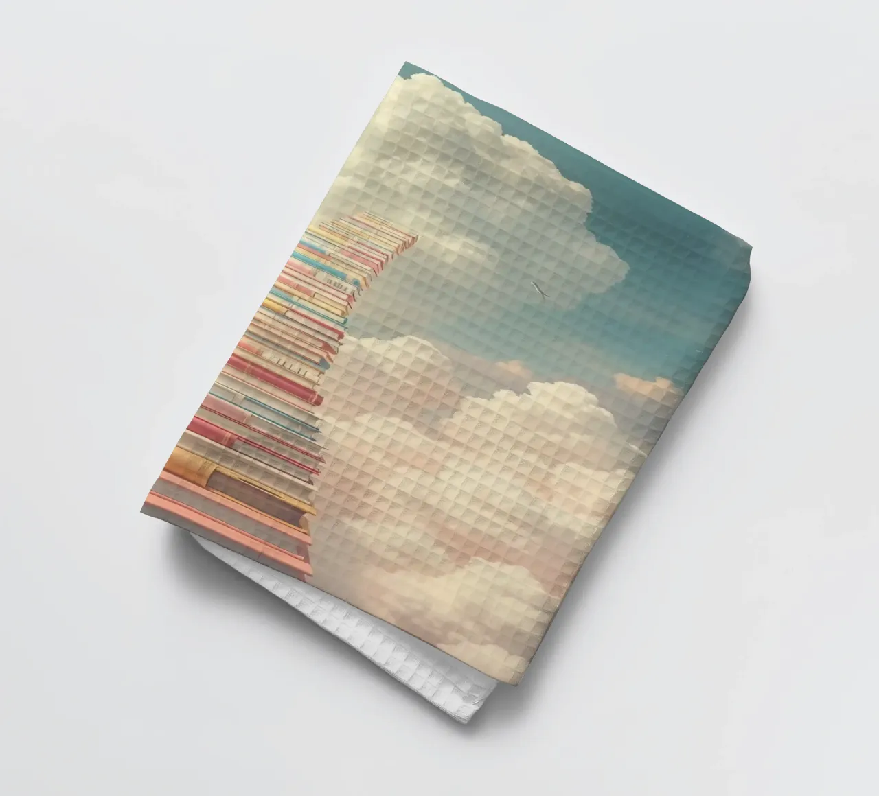Books create a surreal staircase leading to the clouds tea towel by DesignDoodle