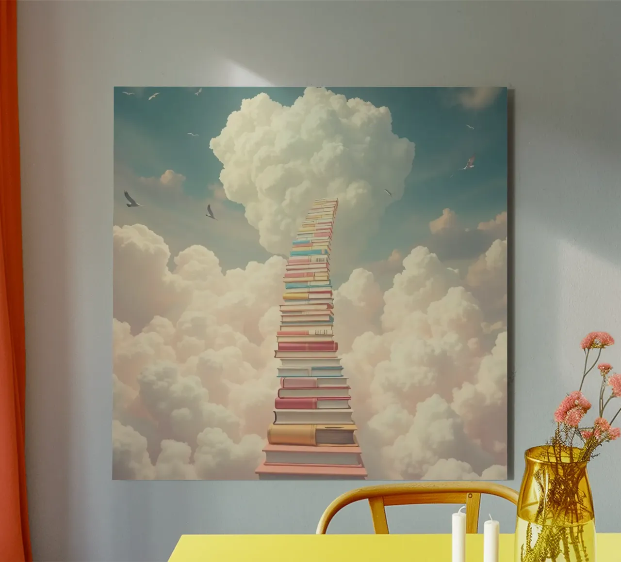 I libri creano una scala surreale che porta alle nuvole alluminio dibond da DesignDoodle
