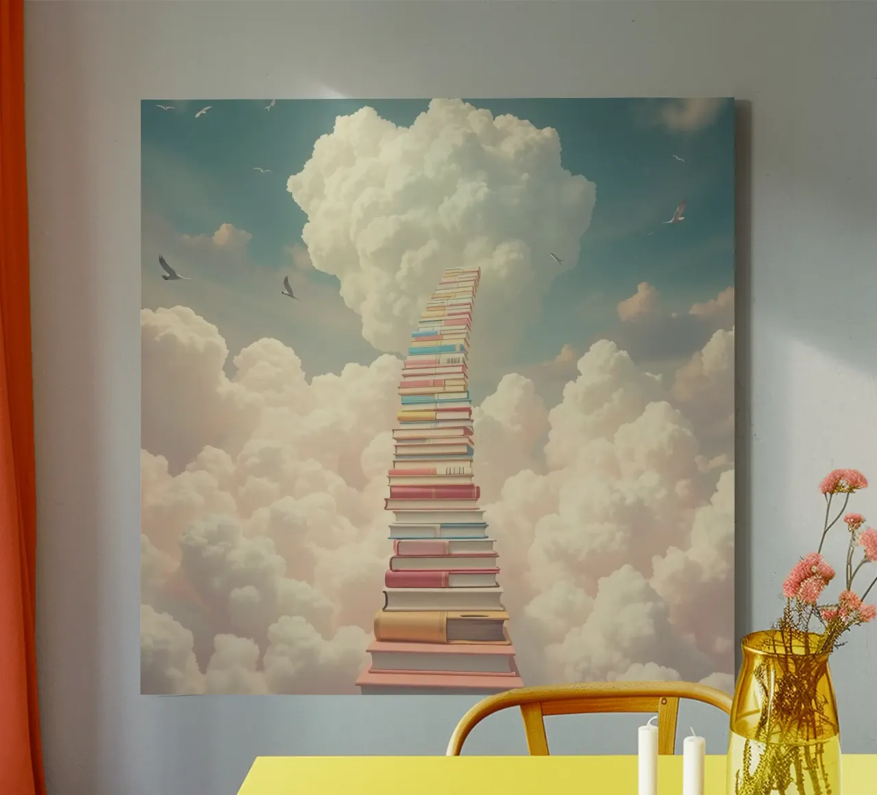 Books create a surreal staircase leading to the clouds canvas by DesignDoodle