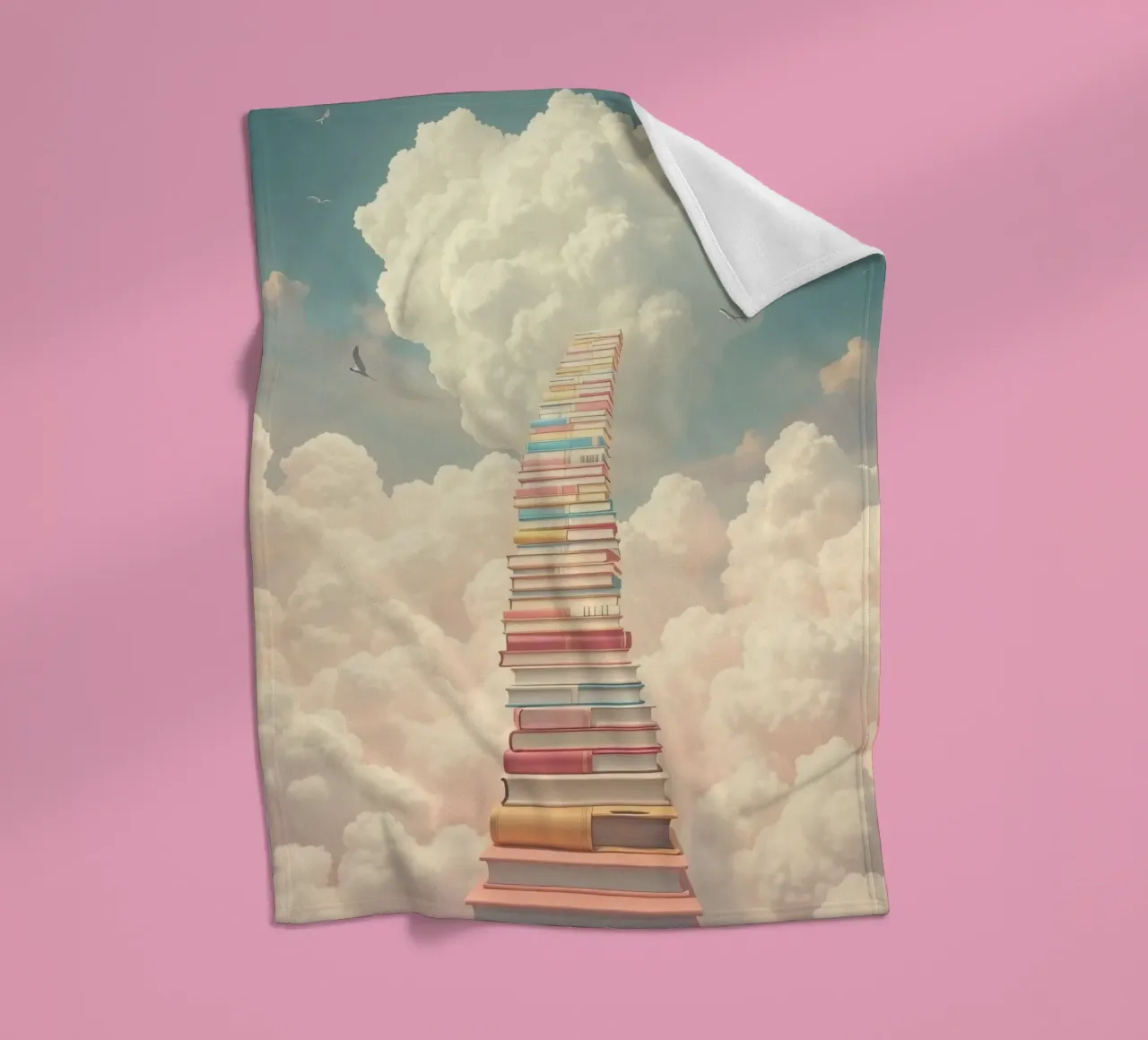Books create a surreal staircase leading to the clouds fleece blanket by DesignDoodle