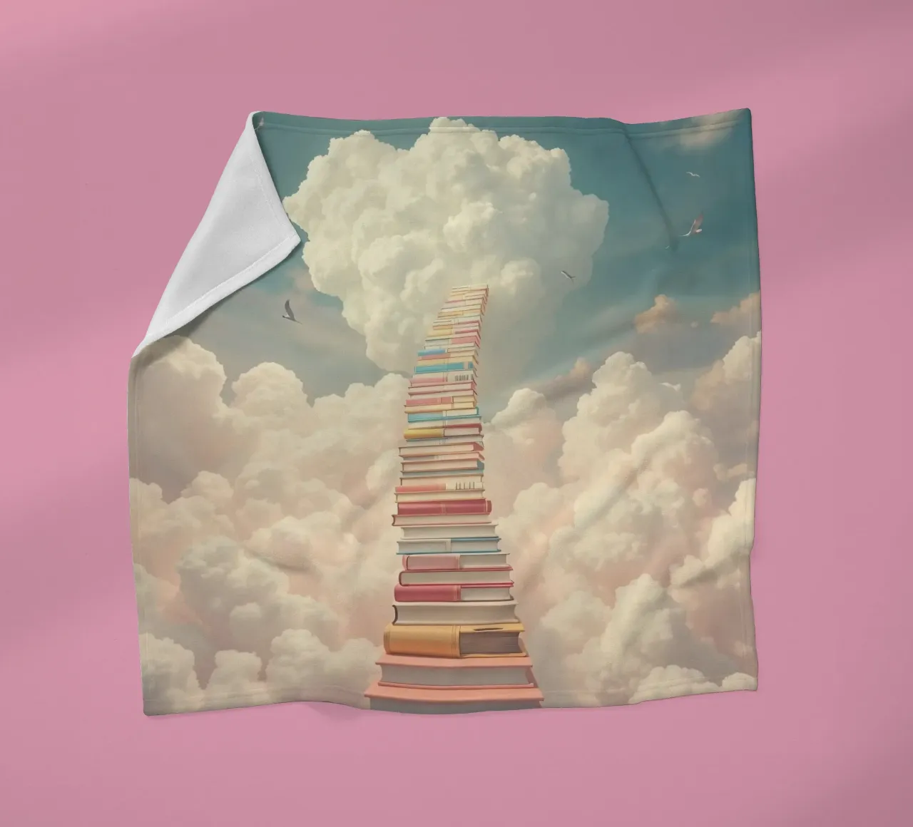 Books create a surreal staircase leading to the clouds fleece blanket by DesignDoodle