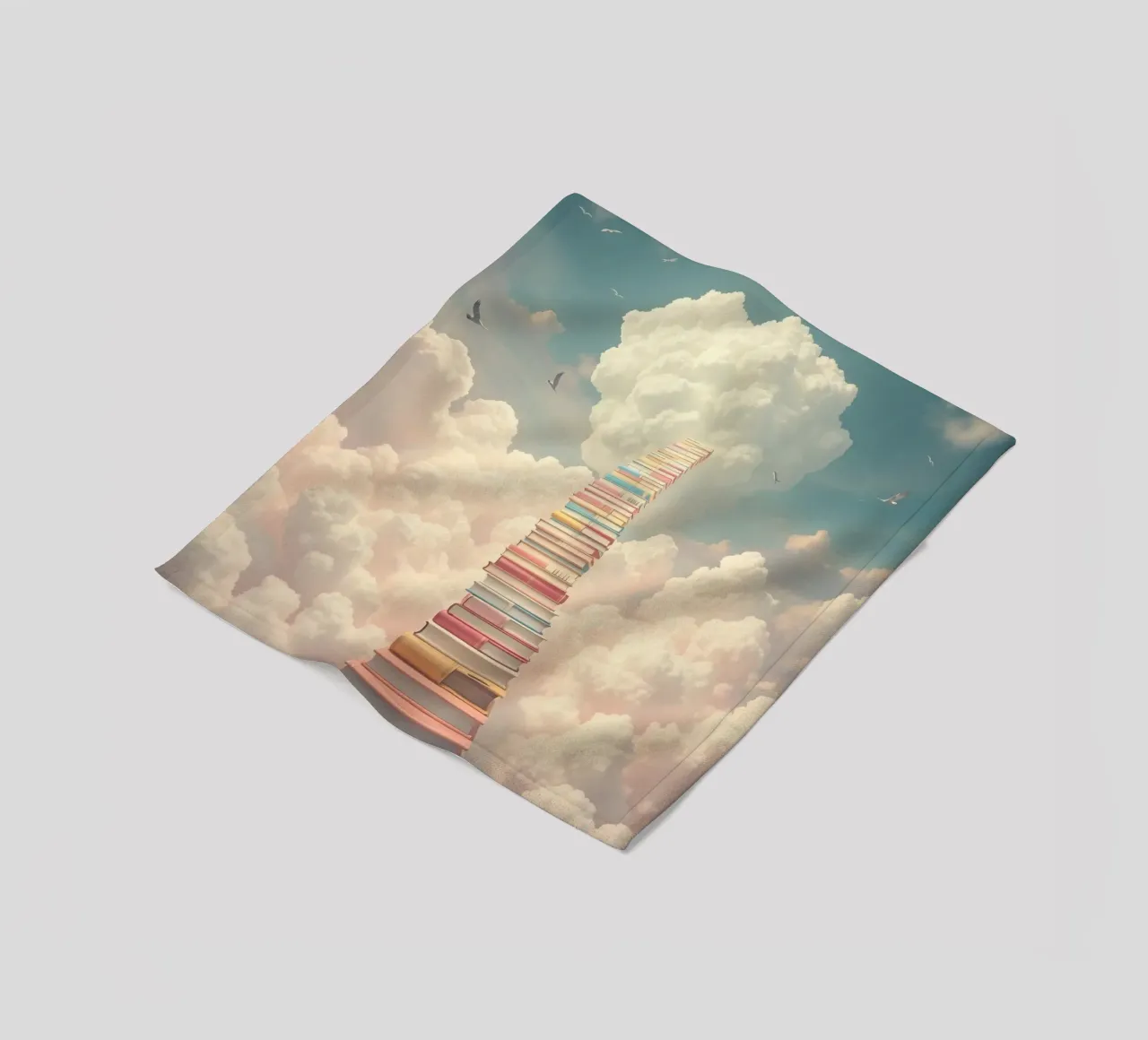 Books create a surreal staircase leading to the clouds fleece blanket by DesignDoodle