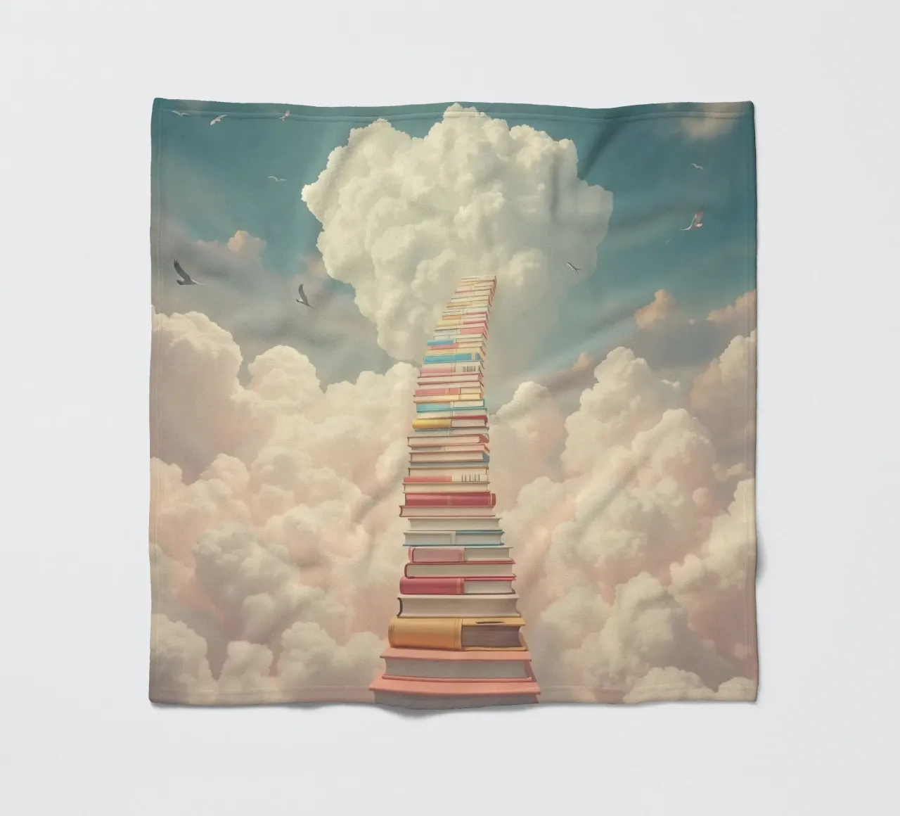 Books create a surreal staircase leading to the clouds fleece blanket by DesignDoodle