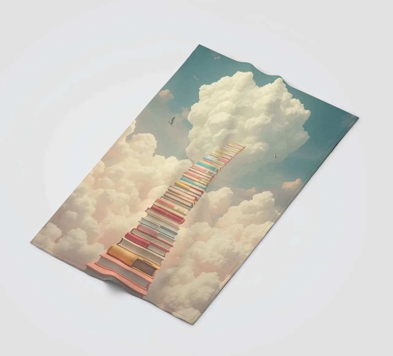 Books create a surreal staircase leading to the clouds fleece blanket by DesignDoodle