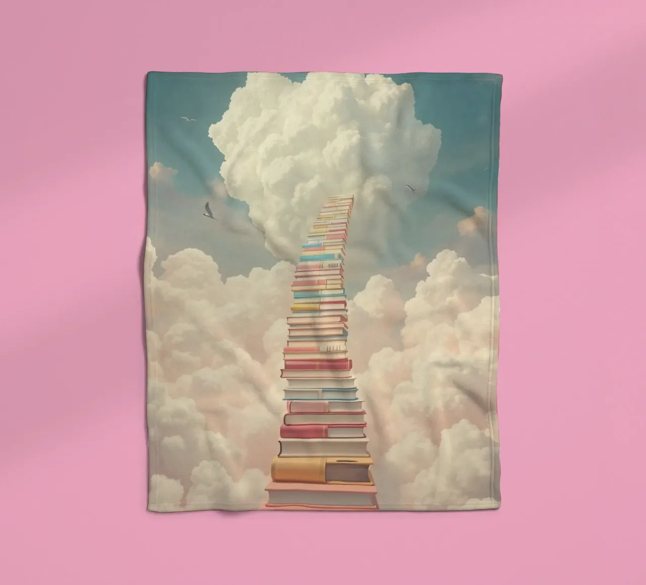 Books create a surreal staircase leading to the clouds fleece blanket by DesignDoodle