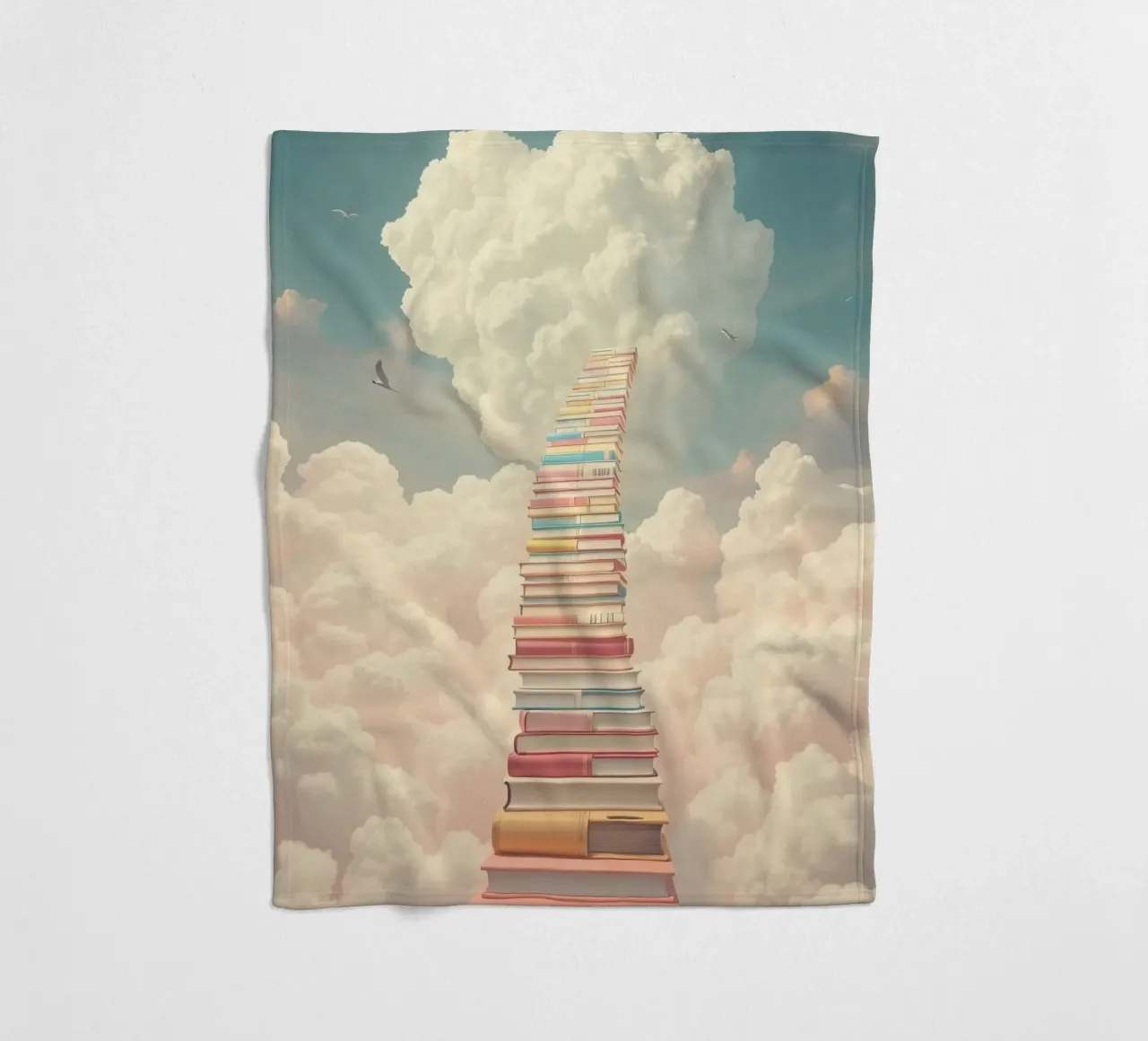 Books create a surreal staircase leading to the clouds fleece blanket by DesignDoodle