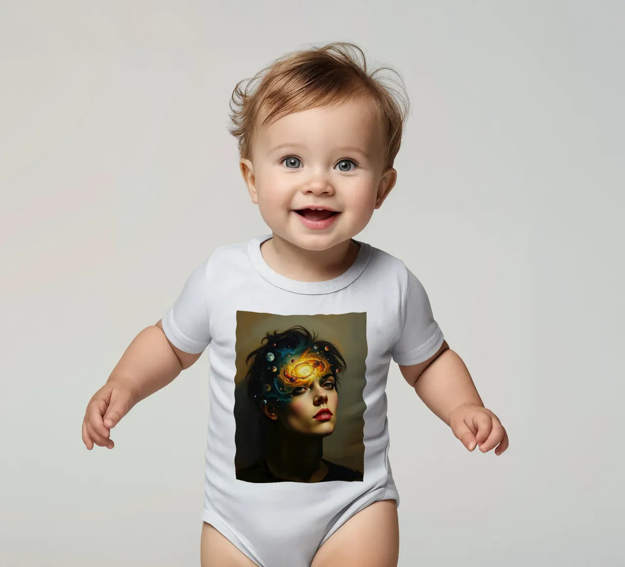 person with a cosmic scene emerging from their head short-sleeve baby romper by DesignDoodle
