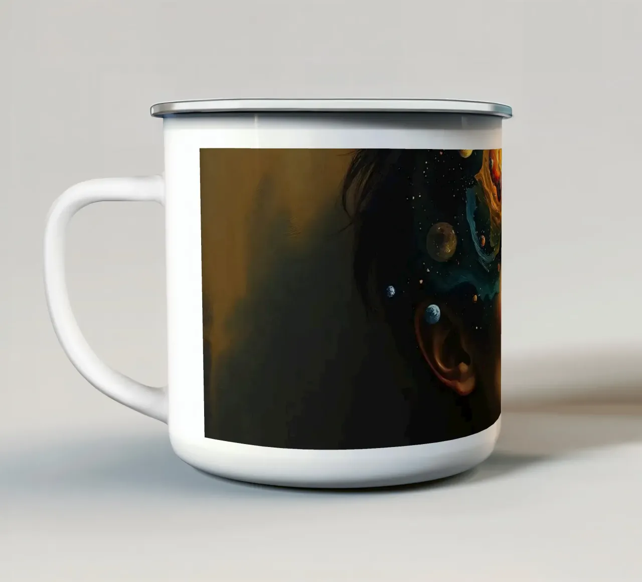 person with a cosmic scene emerging from their head enamel mug by DesignDoodle