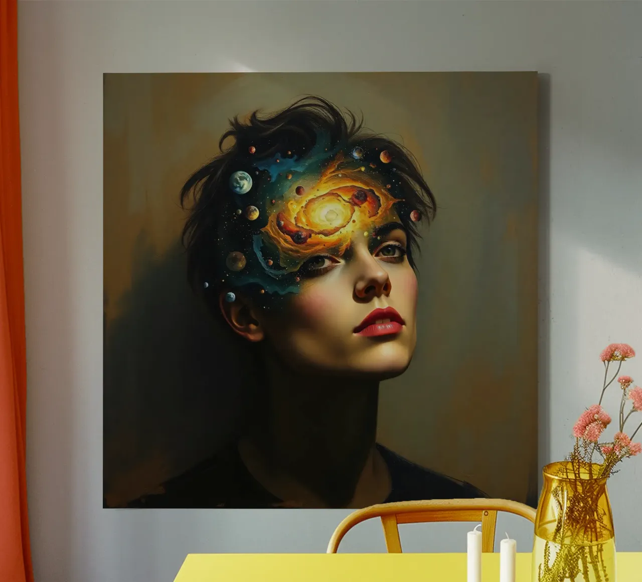 person with a cosmic scene emerging from their head canvas by DesignDoodle