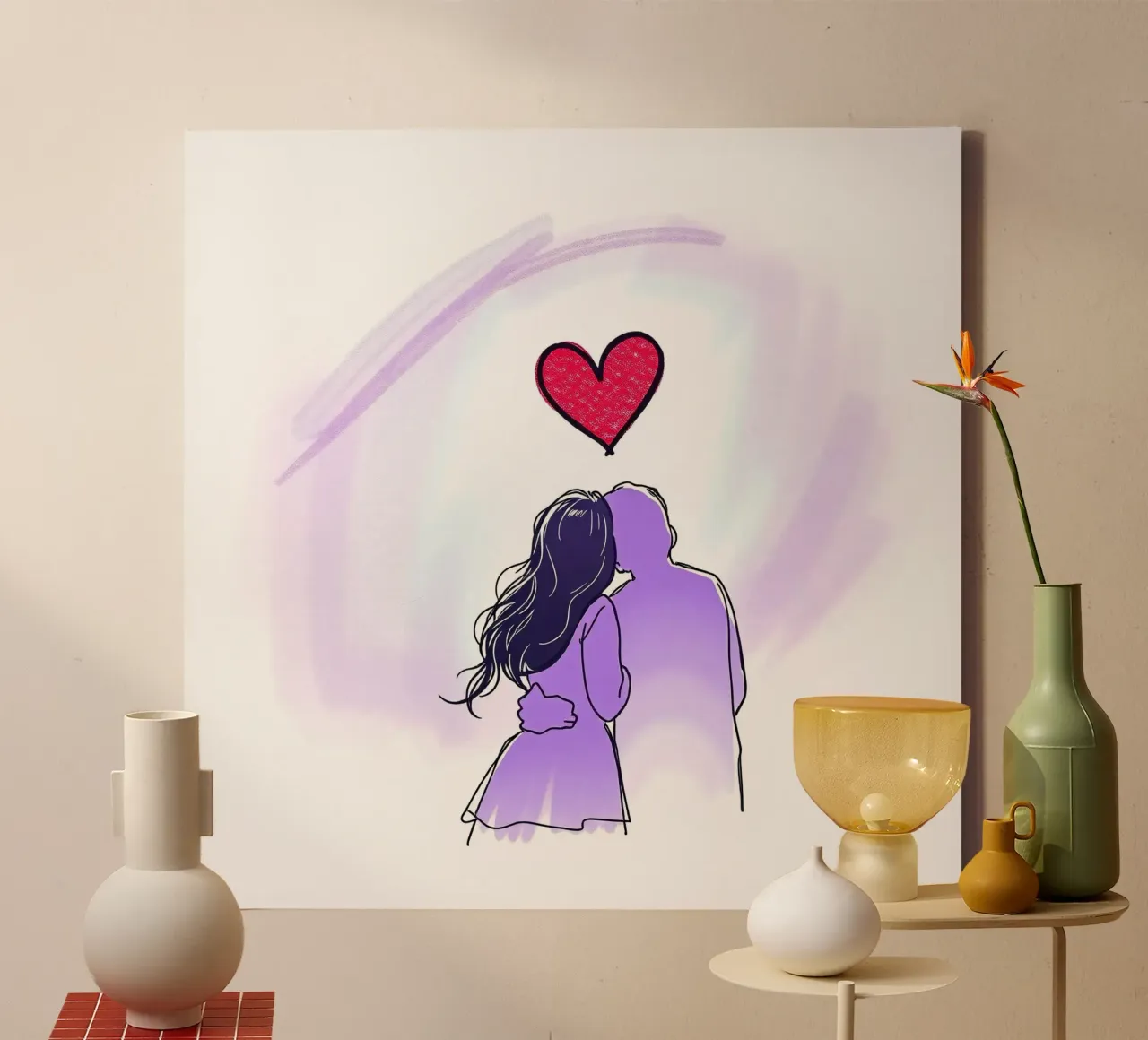 Couple sharing an intimate moment while admiring canvas by DesignDoodle
