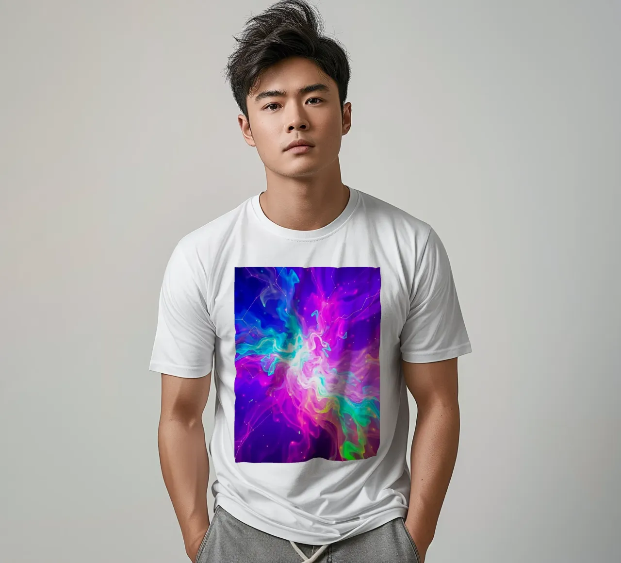 Colorful abstract swirl of light & energy fills the backdrop t-shirt by DesignDoodle