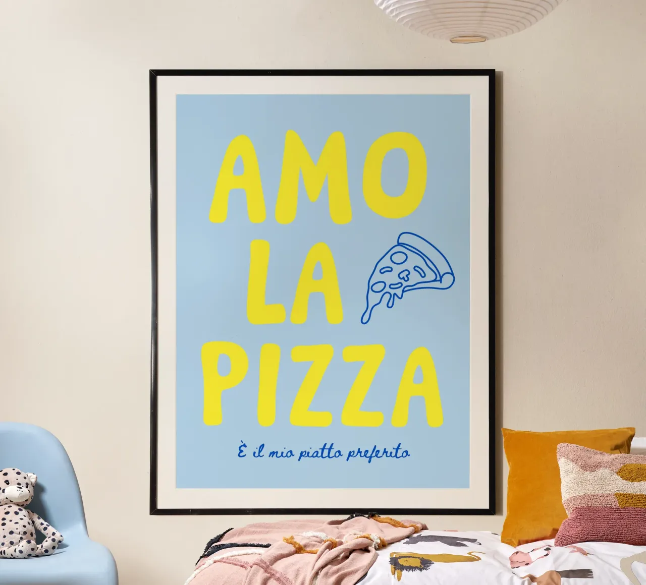 Amo la pizza - verschiedenen Farbvarianten poster con telaio in legno da Ohkimiko