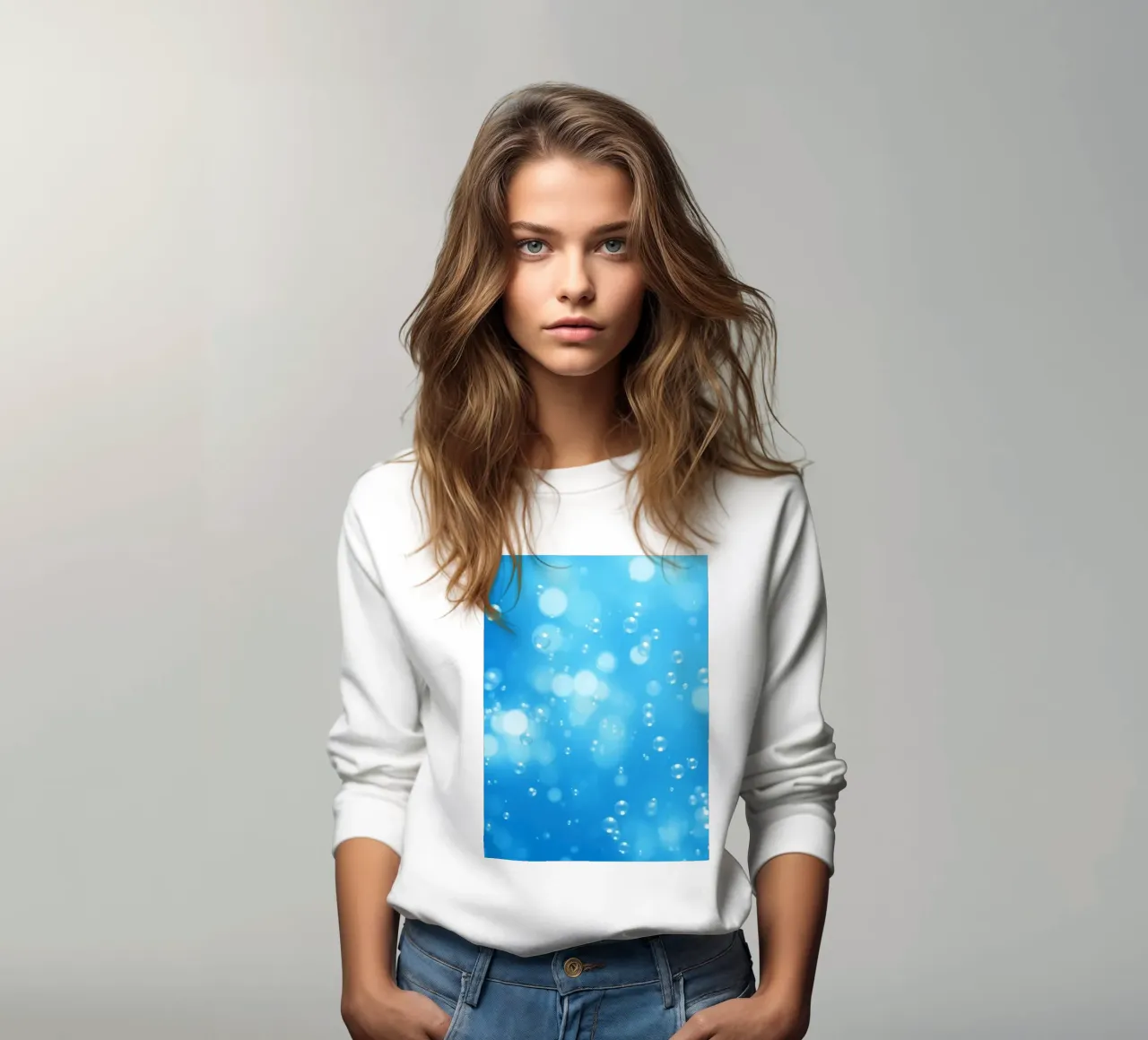 Bubbles floating in clear blue water creating calm art sweatshirt by DesignDoodle