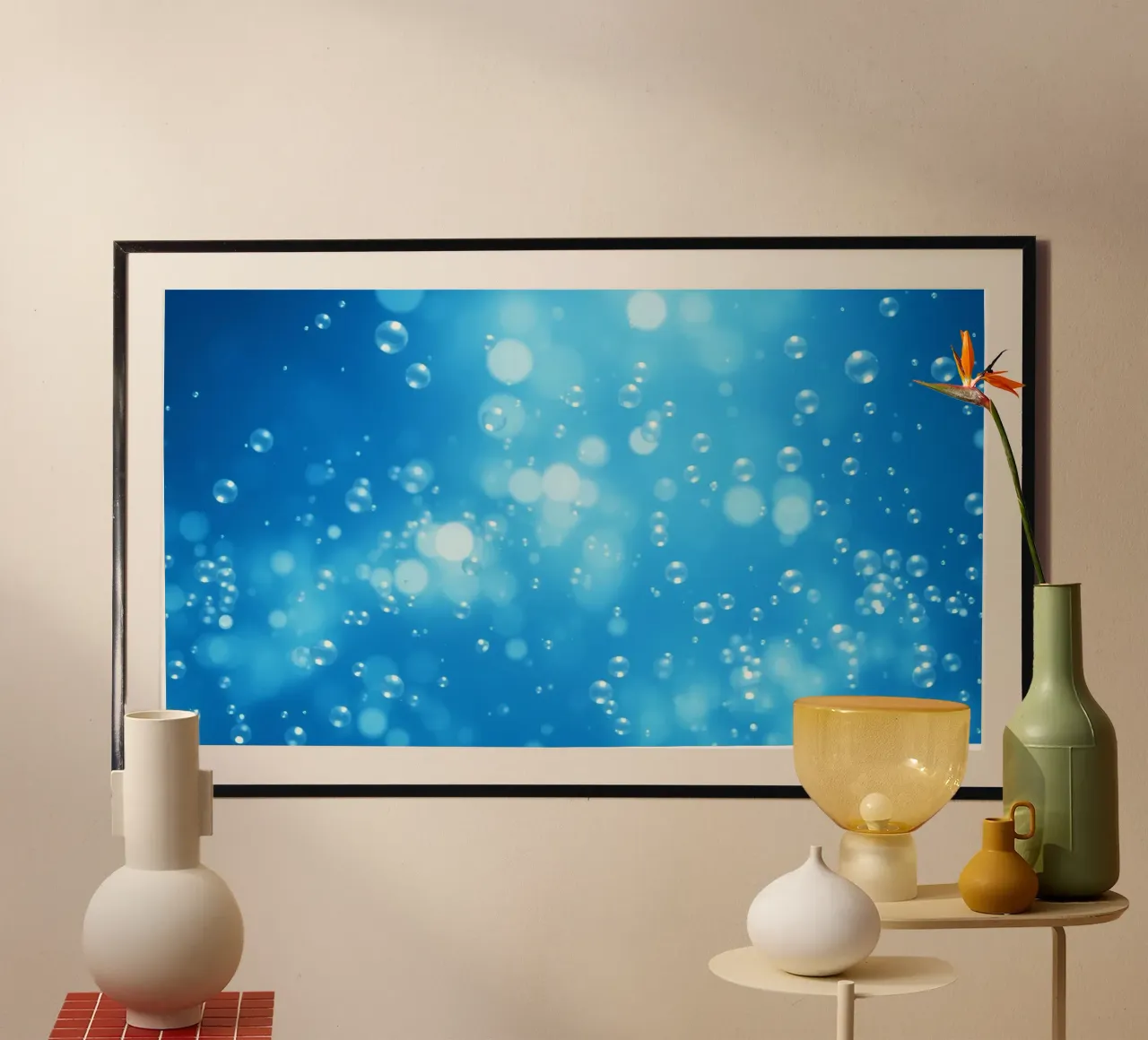 Bubbles floating in clear blue water creating calm art hahnemühle by DesignDoodle
