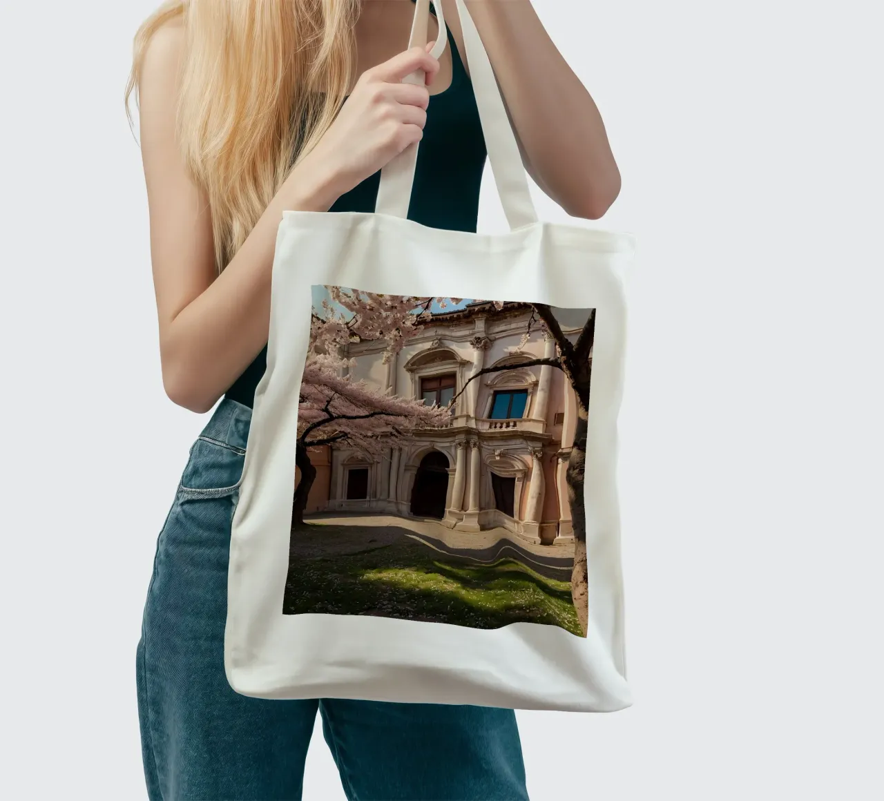 Bellissimi alberi di ciliegio in fiore vicino all'arco storico borsa in juta da DesignDoodle