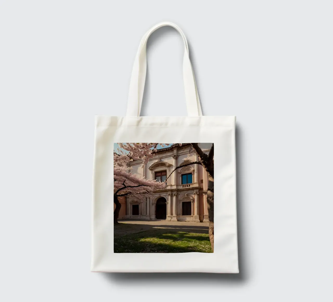 Bellissimi alberi di ciliegio in fiore vicino all'arco storico borsa in juta da DesignDoodle