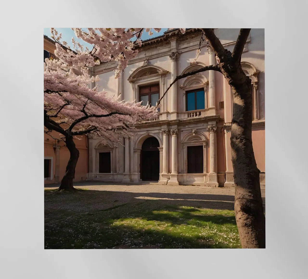 Bellissimi alberi di ciliegio in fiore vicino all'arco storico pellicola backlit da DesignDoodle