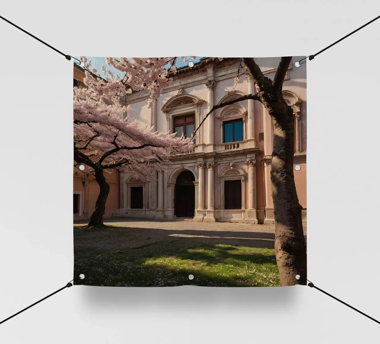 Bellissimi alberi di ciliegio in fiore vicino all'arco storico telo in pvc da DesignDoodle