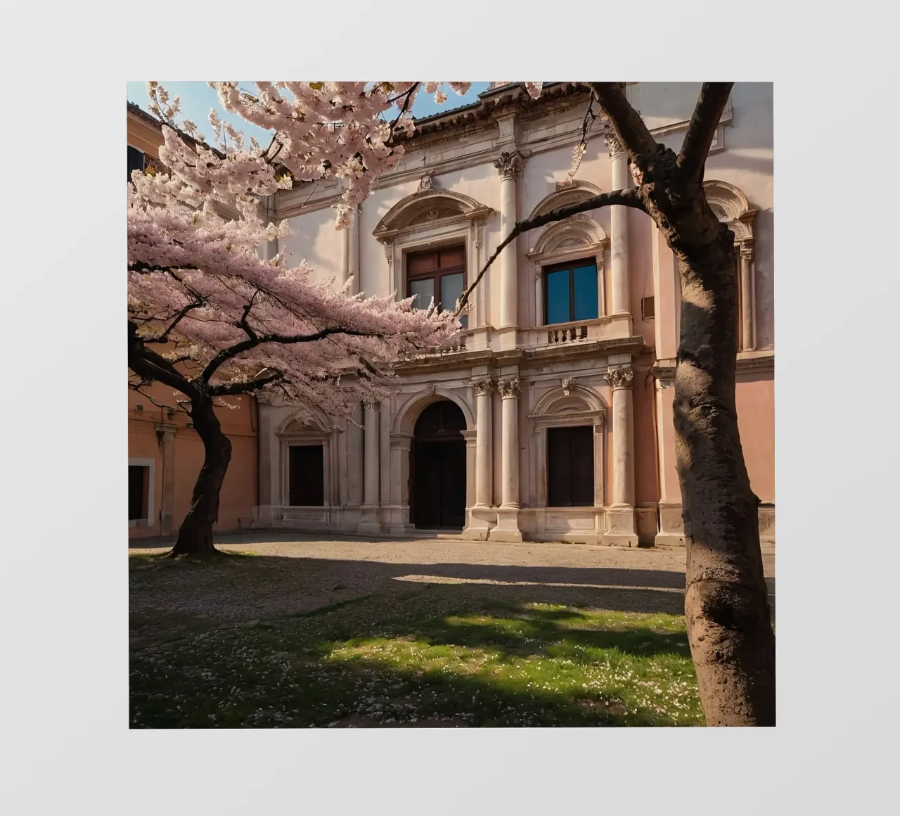 Bellissimi alberi di ciliegio in fiore vicino all'arco storico telo in pvc da DesignDoodle