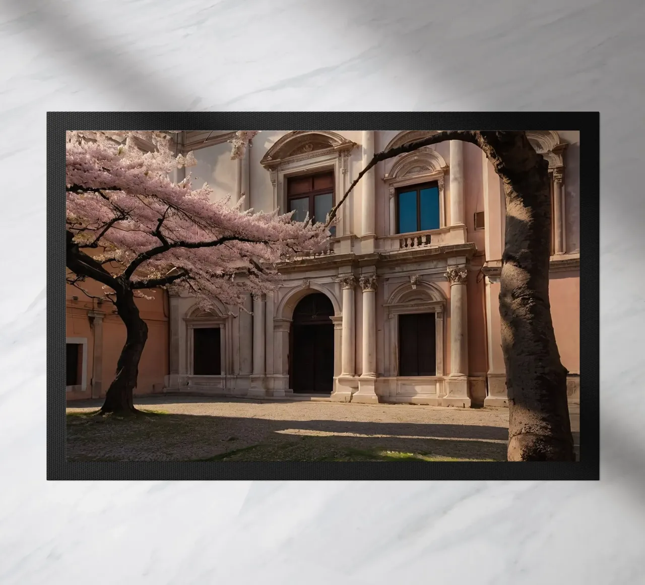 Bellissimi alberi di ciliegio in fiore vicino all'arco storico zerbino da DesignDoodle