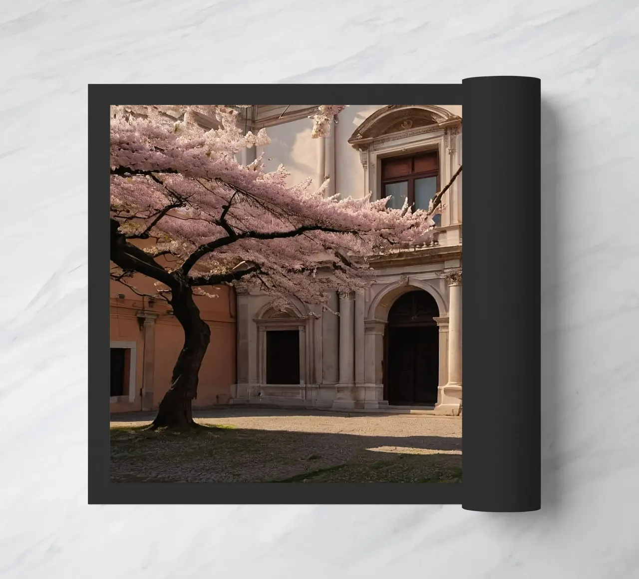 Bellissimi alberi di ciliegio in fiore vicino all'arco storico zerbino da DesignDoodle