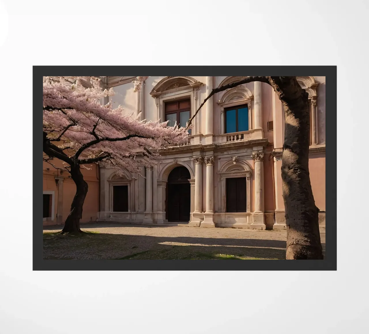 Bellissimi alberi di ciliegio in fiore vicino all'arco storico zerbino da DesignDoodle