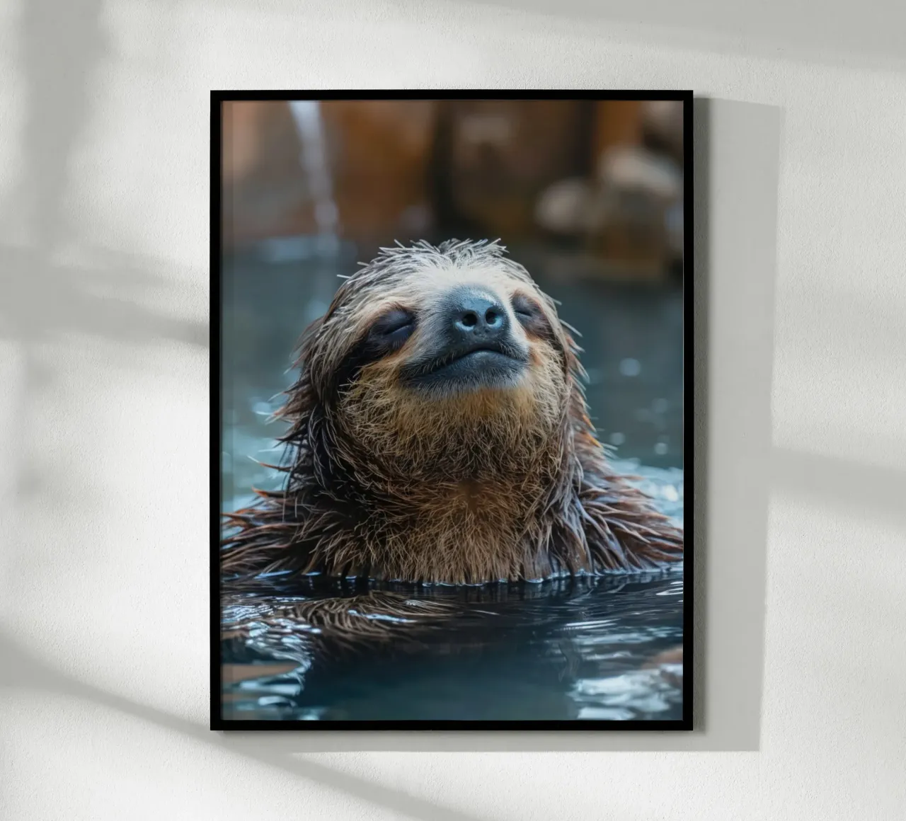 Relax : paresseux dans un bain de bien-être. Méditer dans l'eau poster avec cadre en plastique de SlothStella