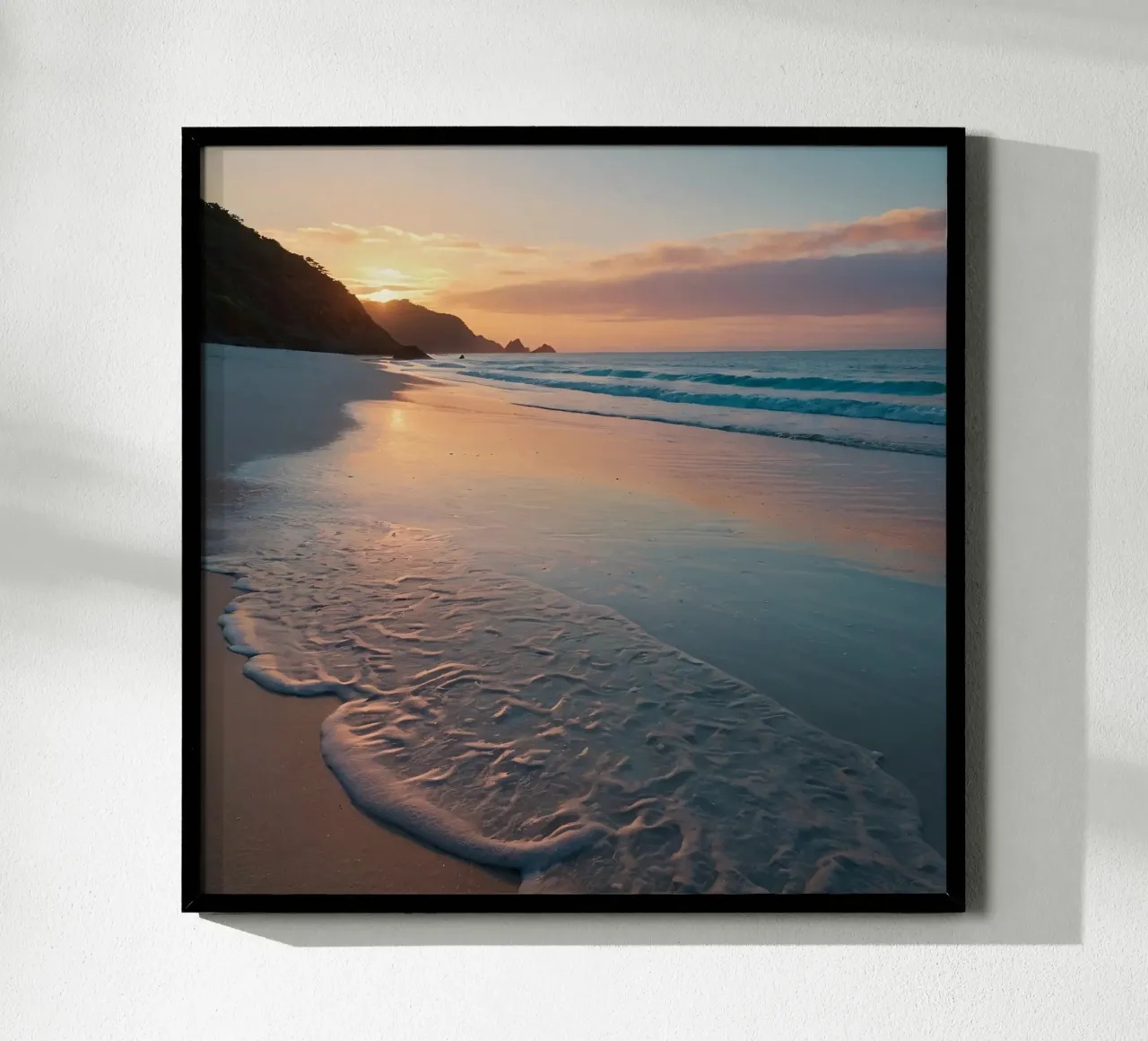 Zonsondergang over rustig strand met zachte golven hahnemühle van DesignDoodle