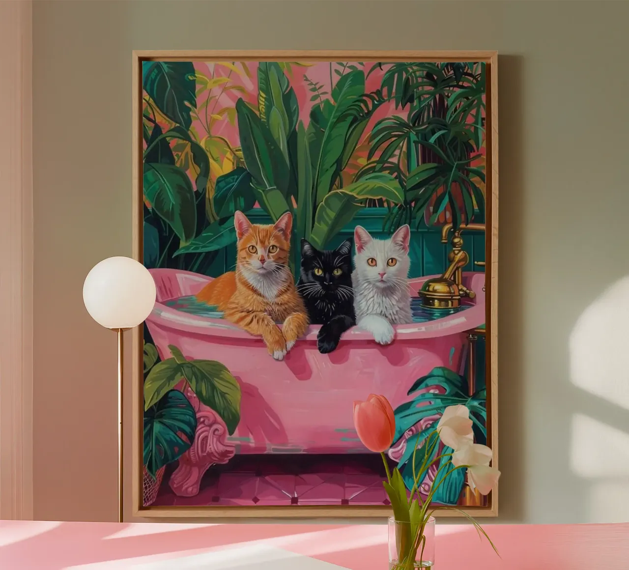 Drie katten in de badkuip canvas met Baklijst van Betty Shops