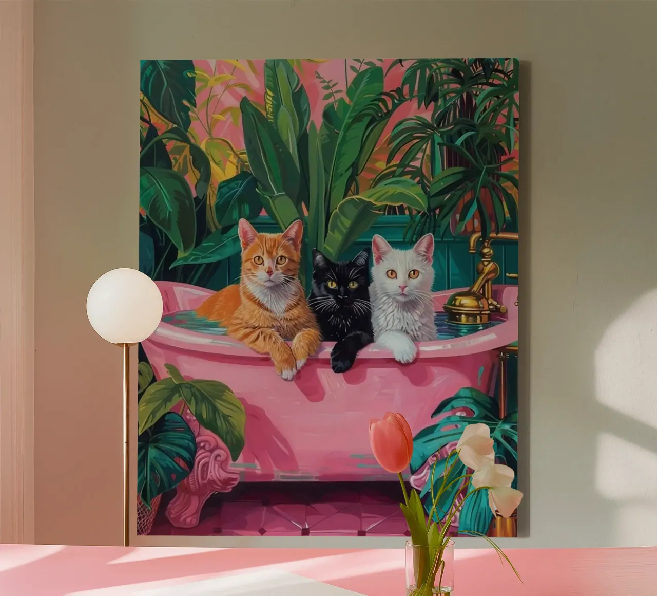 Drie katten in de badkuip canvas met Baklijst van Betty Shops