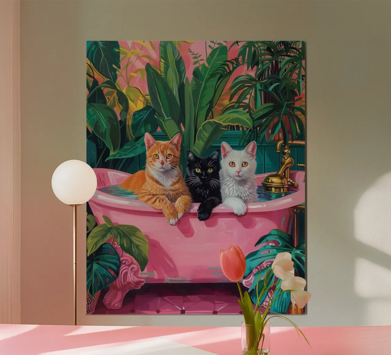 Tre gatti nella vasca da bagno poster con telaio in legno da Betty Shops