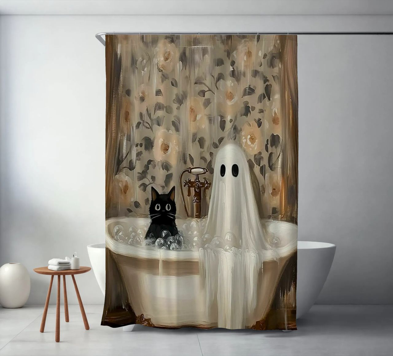 Katze mit einem Geist in der Badewanne Duschvorhang von Betty Shops
