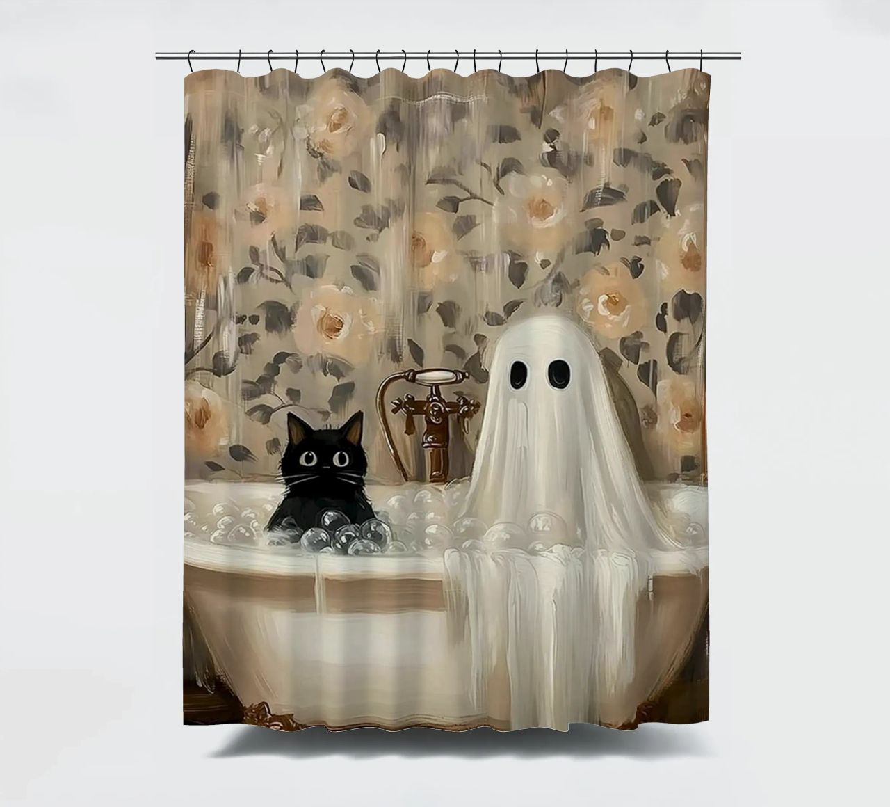 Katze mit einem Geist in der Badewanne Duschvorhang von Betty Shops