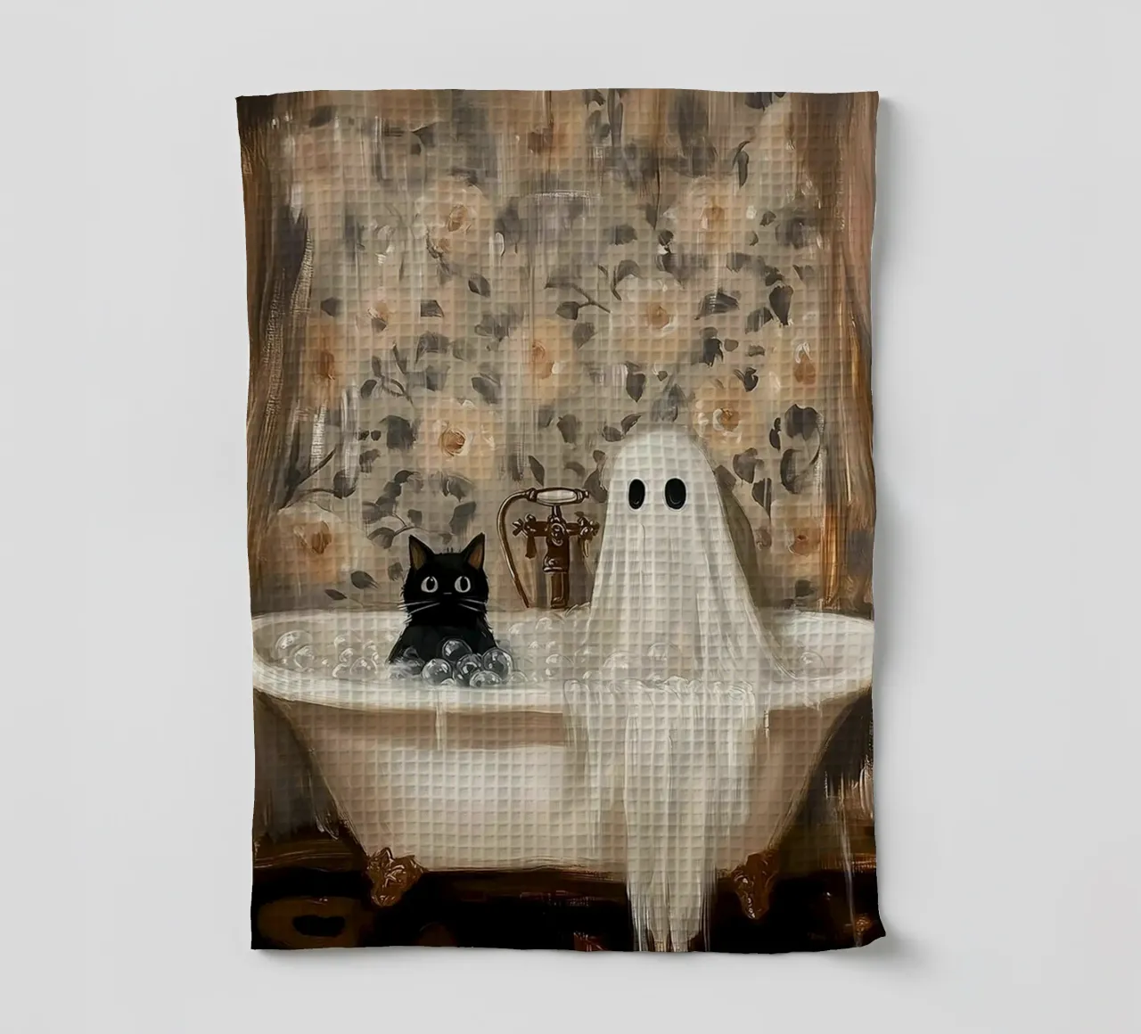 Cat With A Ghost in The Bathtub tea towel by Betty Shops