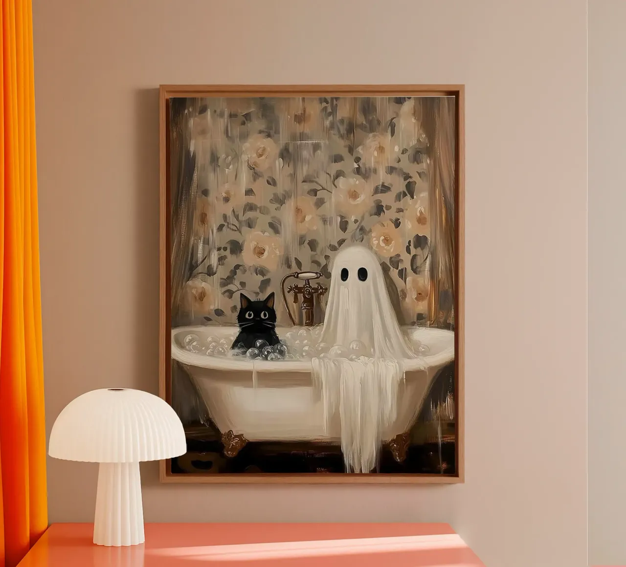 Cat With A Ghost in The Bathtub canvas with Floater frame by Betty Shops