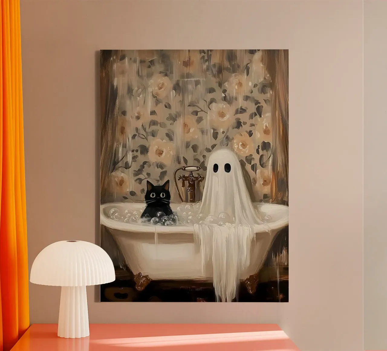 Cat With A Ghost in The Bathtub canvas with Floater frame by Betty Shops