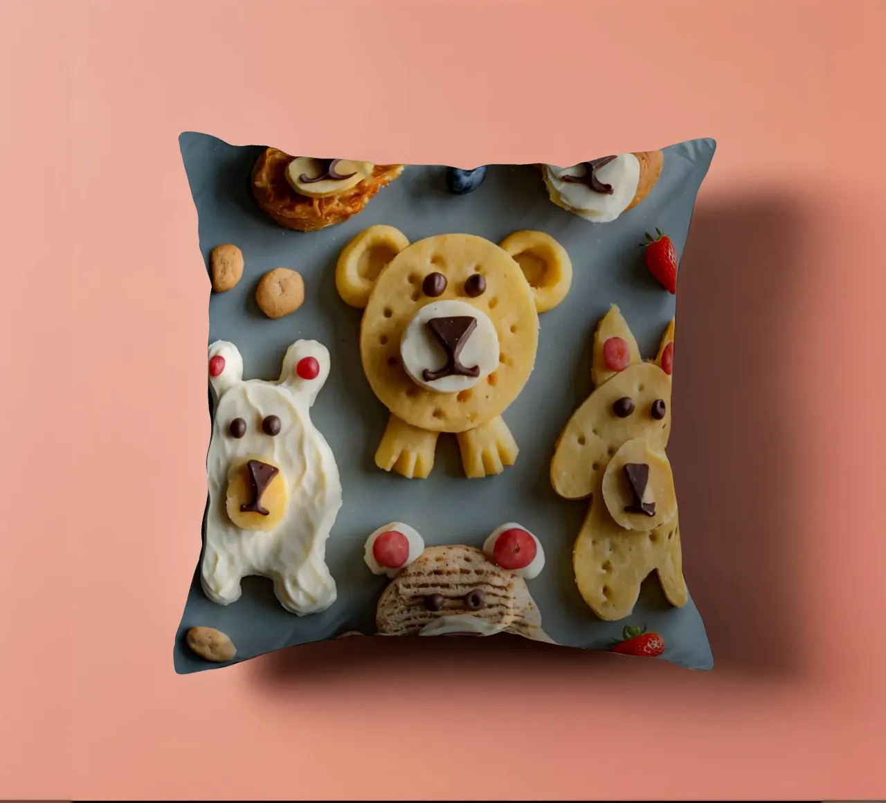 Creatieve koekjes met beerthema, versierd met fruit en chocolade kussen van DesignDoodle