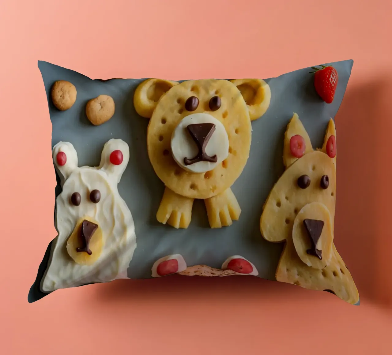 Creatieve koekjes met beerthema, versierd met fruit en chocolade kussen van DesignDoodle