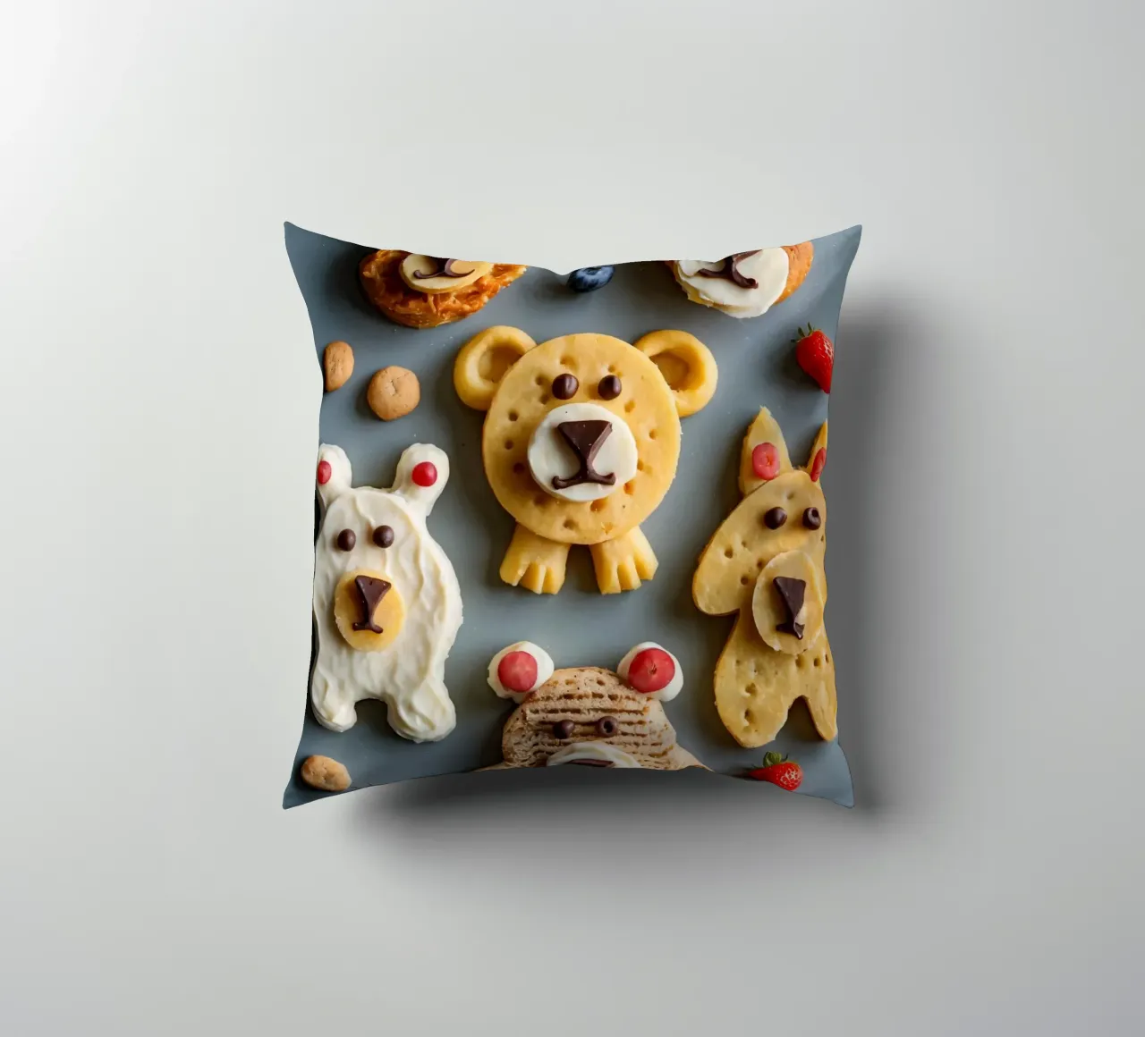 Creatieve koekjes met beerthema, versierd met fruit en chocolade kussen van DesignDoodle