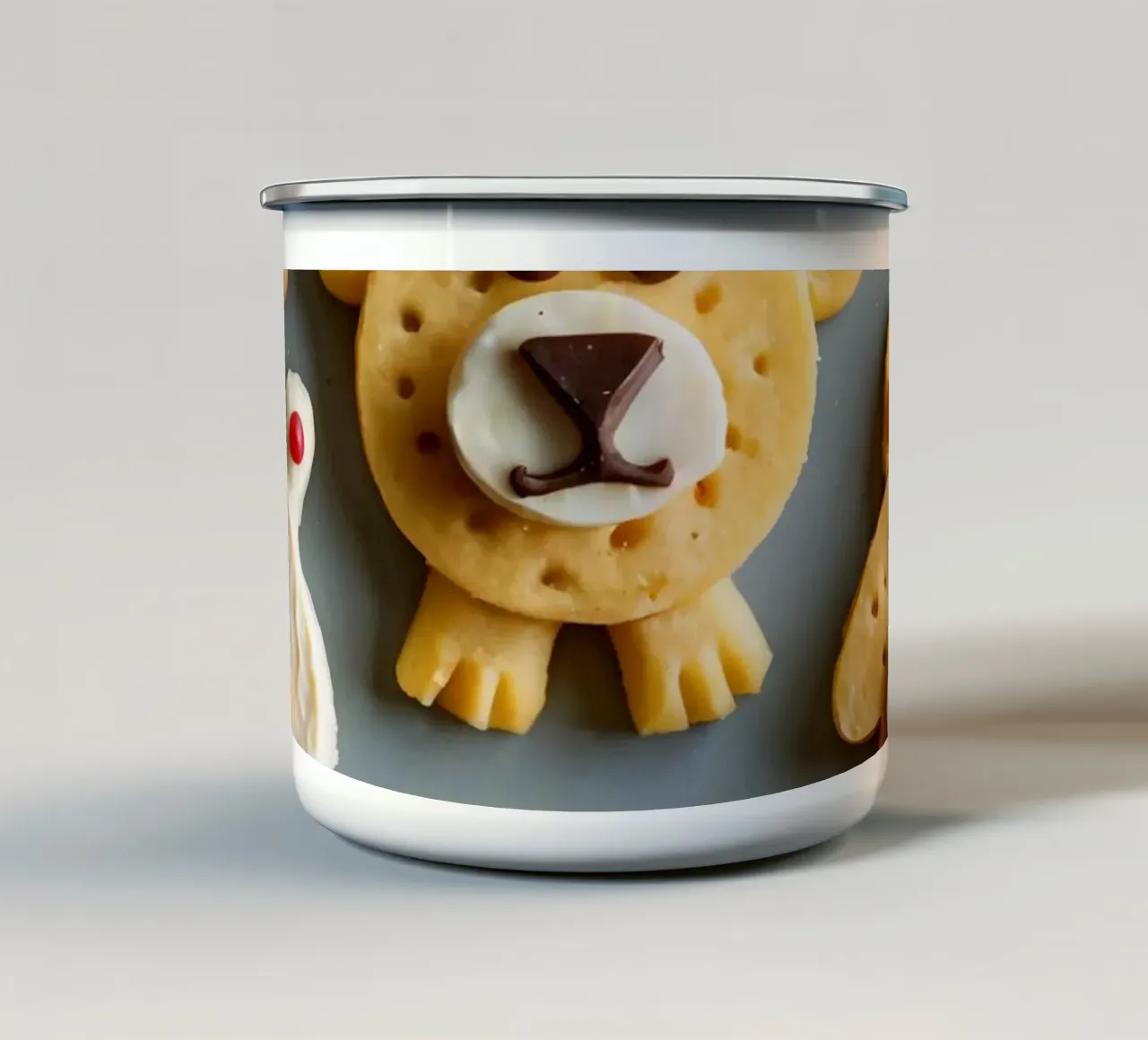 Creatieve koekjes met beerthema, versierd met fruit en chocolade emaille mok van DesignDoodle
