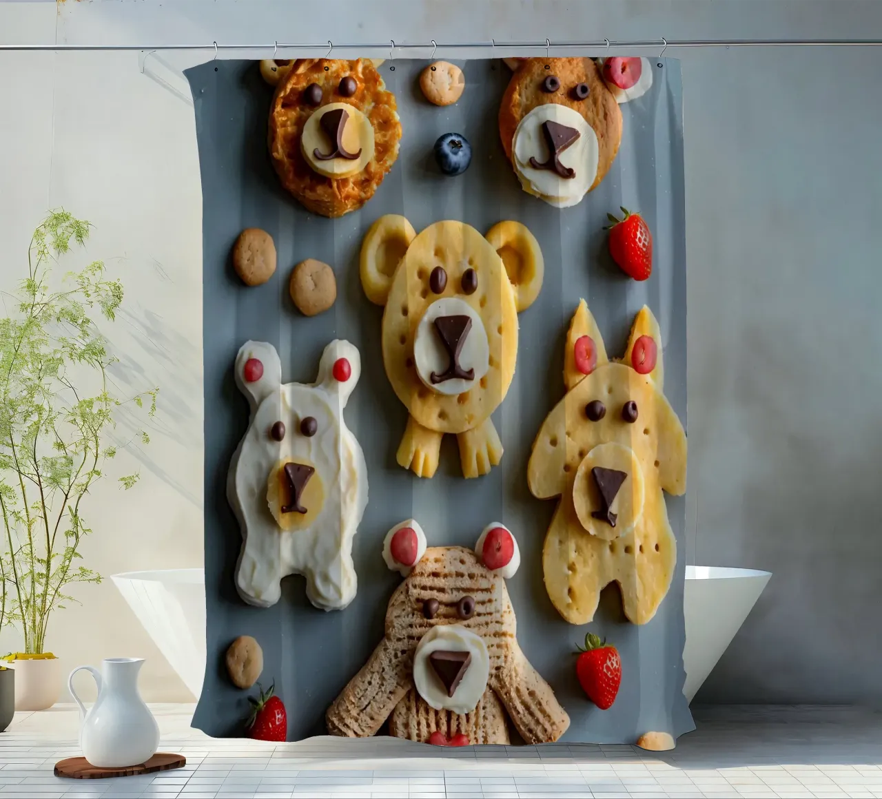 Creatieve koekjes met beerthema, versierd met fruit en chocolade douchegordijn van DesignDoodle