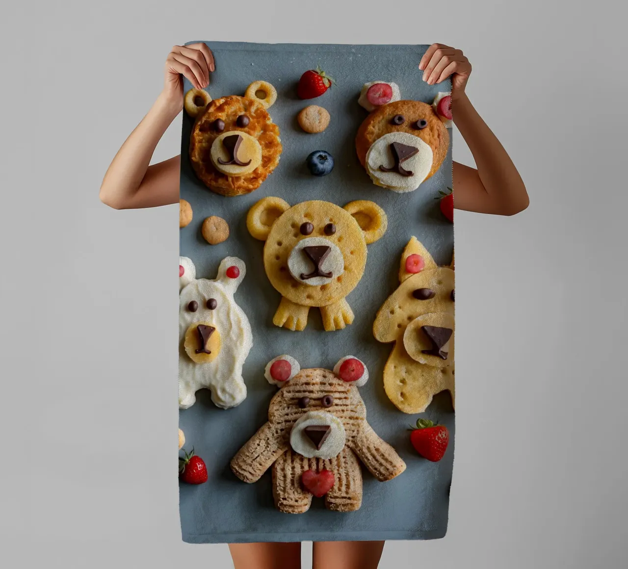Creatieve koekjes met beerthema, versierd met fruit en chocolade badhanddoek van DesignDoodle