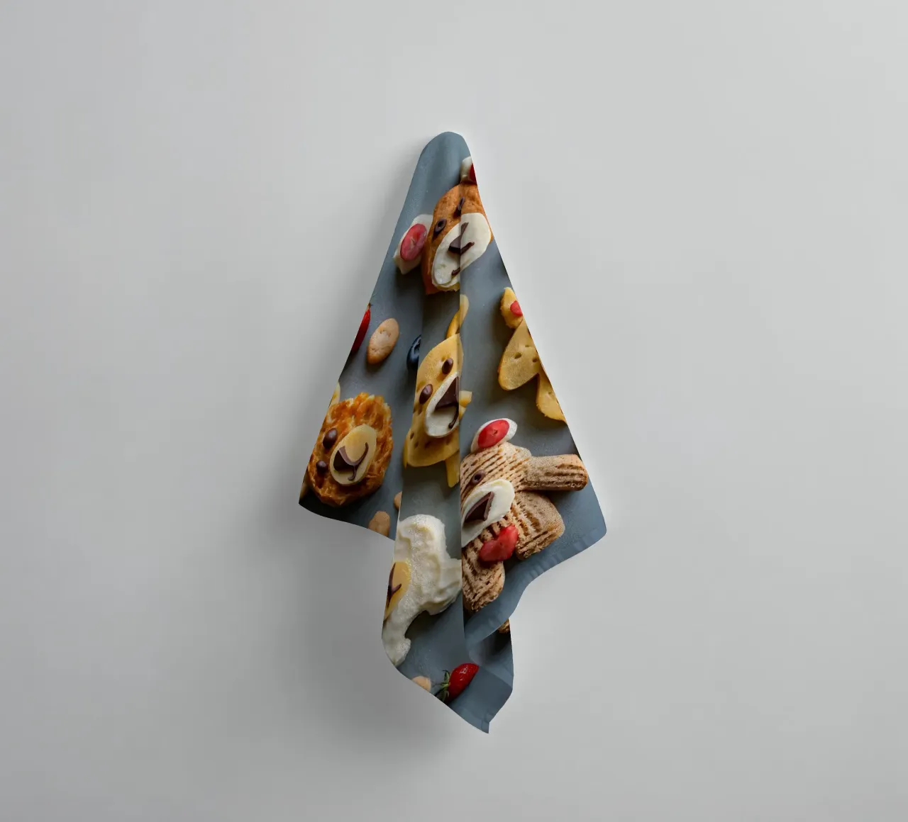Creatieve koekjes met beerthema, versierd met fruit en chocolade badhanddoek van DesignDoodle