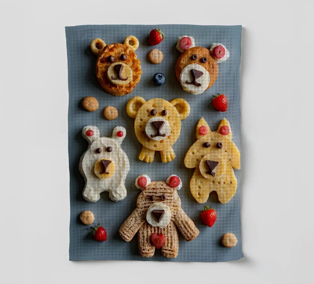 Creatieve koekjes met beerthema, versierd met fruit en chocolade theedoek van DesignDoodle
