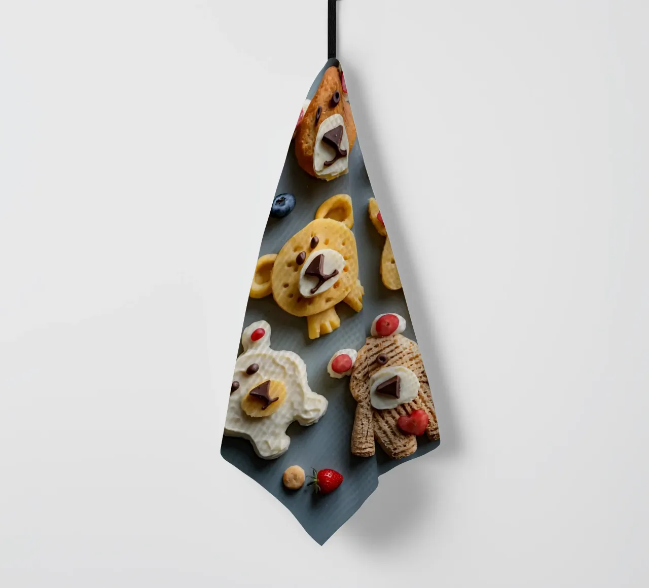 Creatieve koekjes met beerthema, versierd met fruit en chocolade theedoek van DesignDoodle