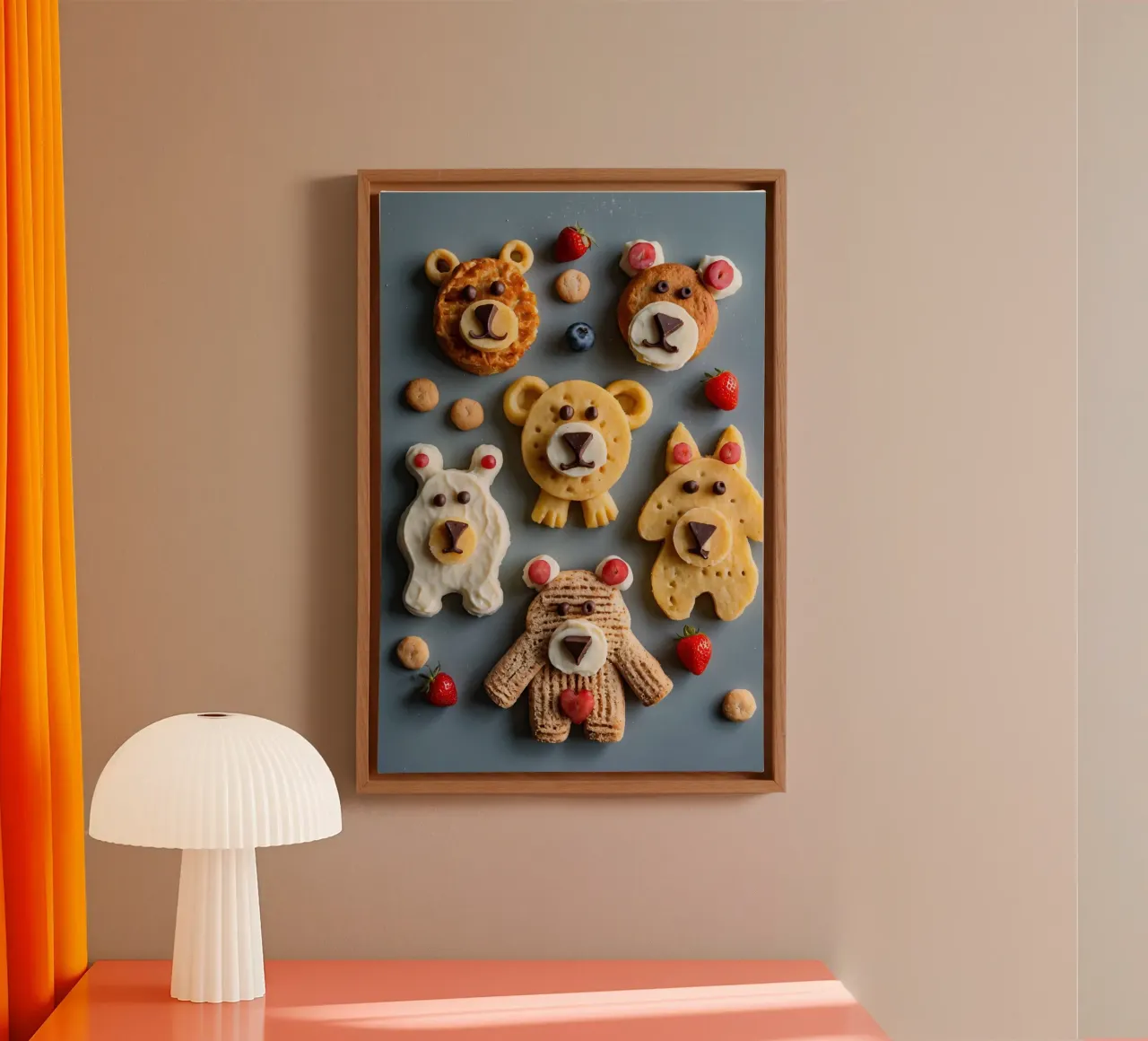 Creative bear-themed cookies decorated with fruits and choco canvas with Floater frame by DesignDoodle