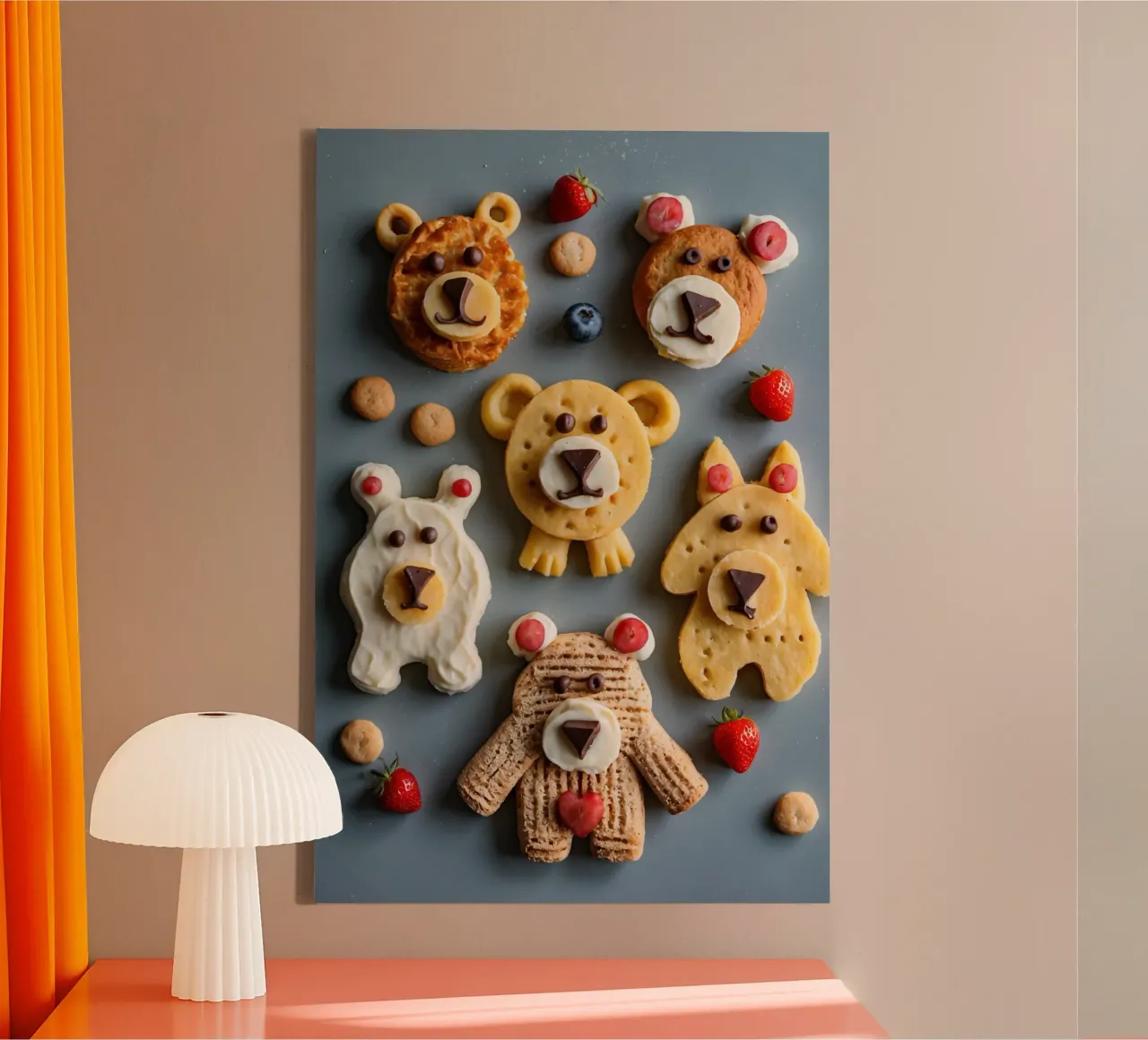 Creative bear-themed cookies decorated with fruits and choco canvas with Floater frame by DesignDoodle