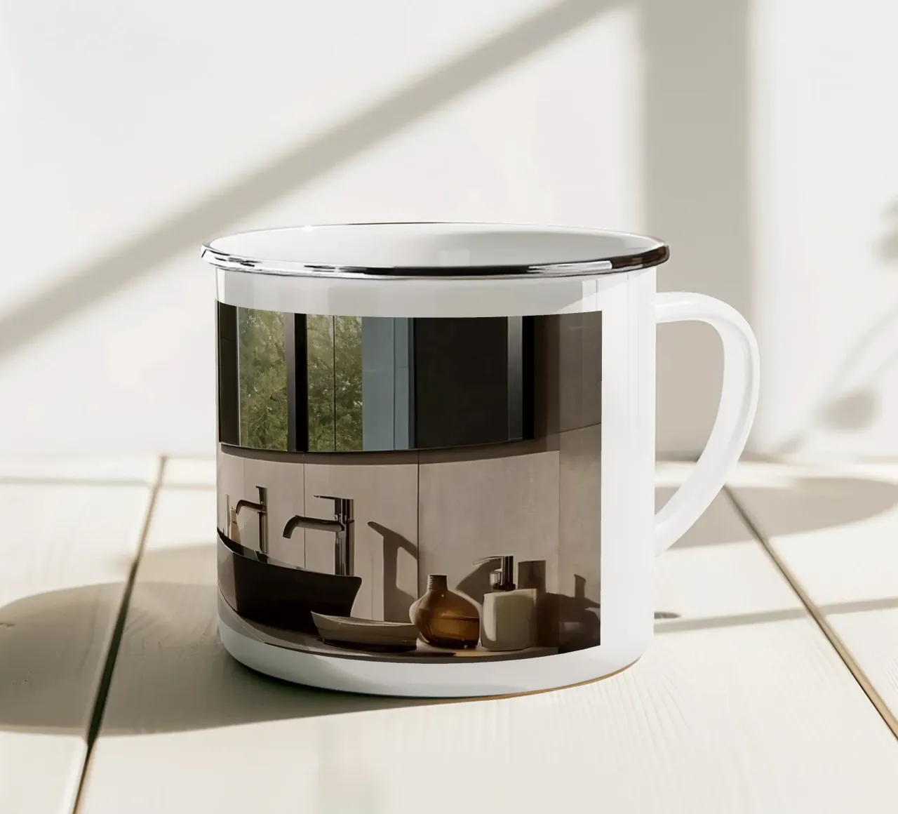 Modern badkamerontwerp met grote ramen en natuurlijk licht emaille mok van DesignDoodle